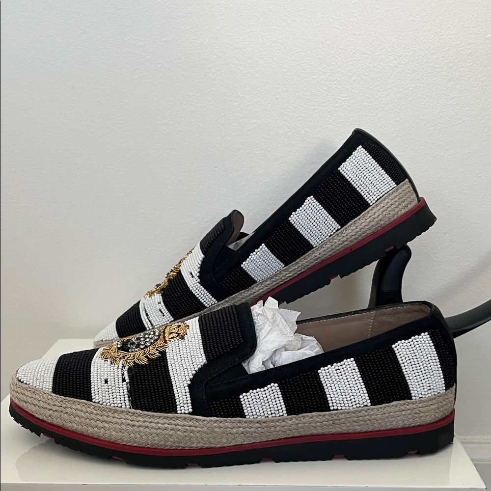 Donald Pliner Black and White Striped, Beaded Loafers with Skull Emblem